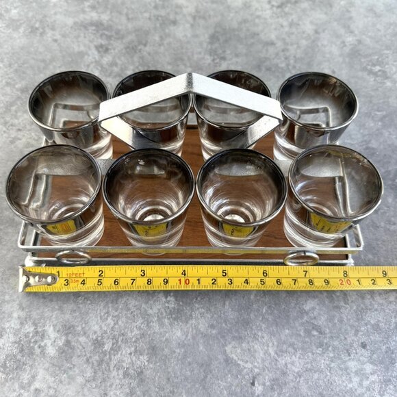 Vintage Silver Fade 8 Shot Glasses w/ Carrier Caddy MCM Barware - Picture 12 of 16
